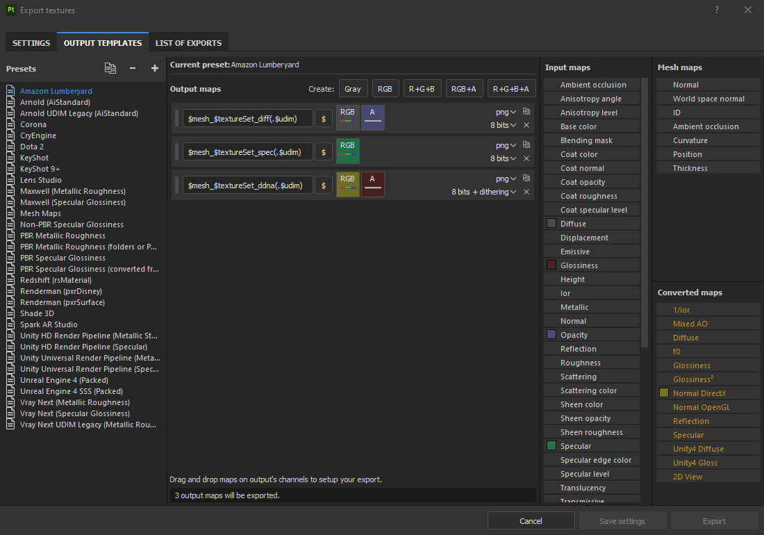 A screenshot of the Output Templates tab of the export textures dialog.