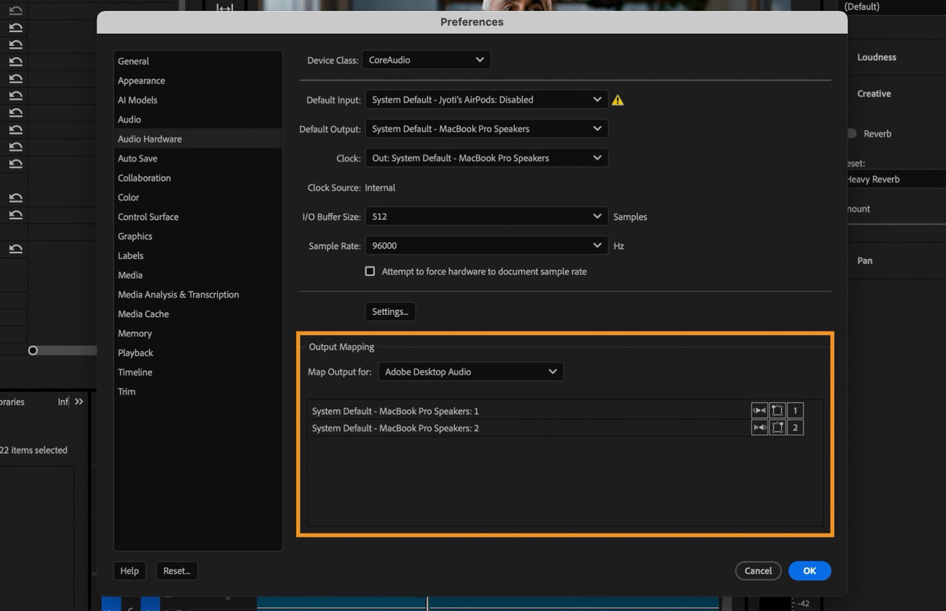 Output Mapping section in Audio Hardware preferences with audio channels assigned to device outputs.