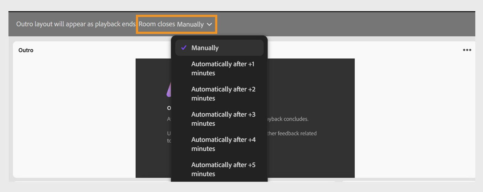 Adobe Connect interface showing the Room closes dropdown menu
