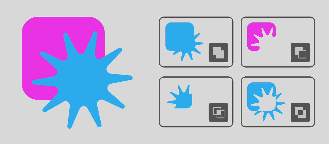 Overlapping pink square and blue starburst alongside four Pathfinder options—Unite, Minus Front, Intersect, and Exclude.