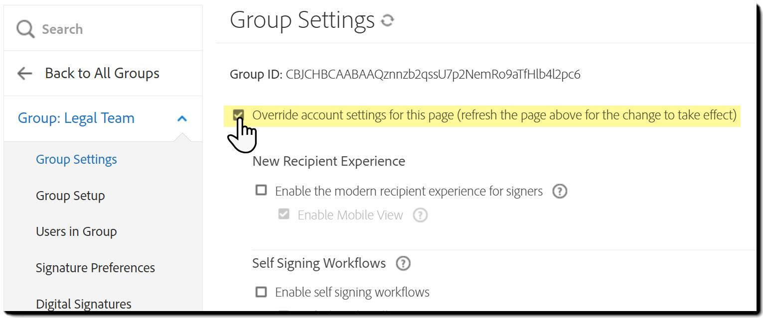 The group settings page highlighting the override checkbox.