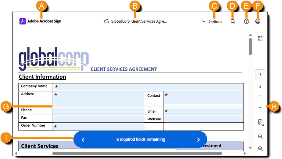 The e-sign page highlighting the interactive areas