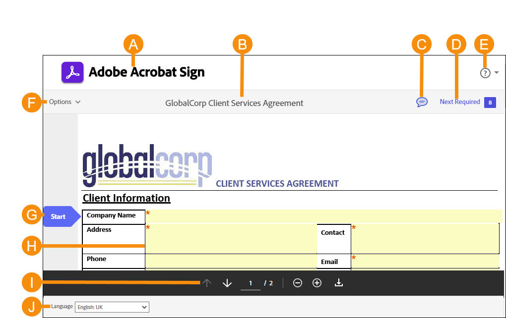 The e-sign page highlighting the interactive areas