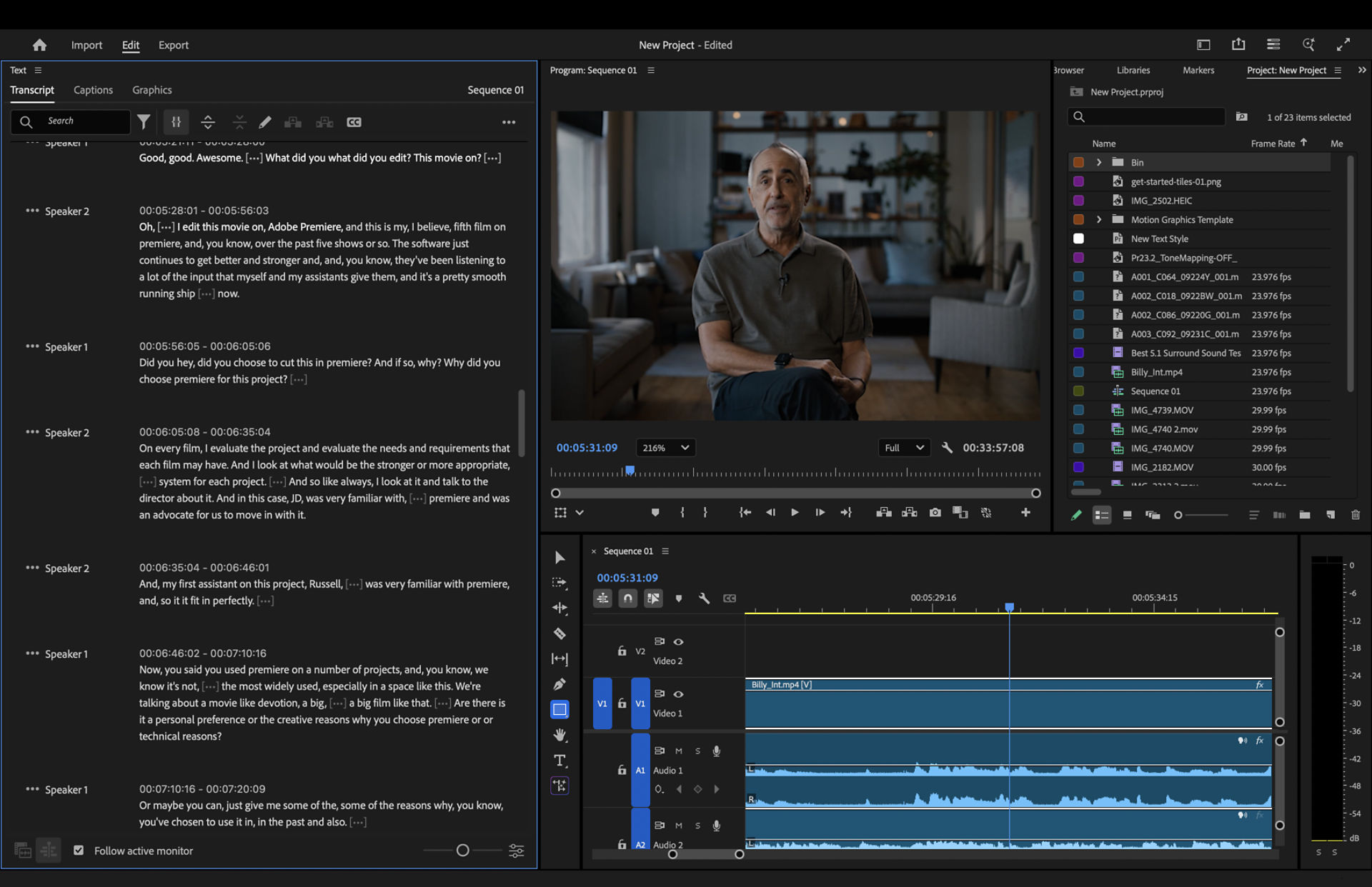 The Program Monitor has a video clip and displays multiple video and audio tracks in the timeline. The Transcript tab has text with timecodes.