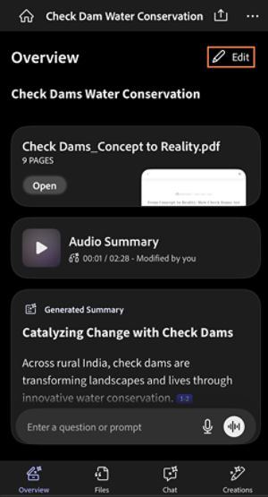 Overview screen of a PDF titled “Check Dams_Concept to Reality.pdf,” showing an Audio Summary card and a Generated Summary with a prompt field for asking questions.