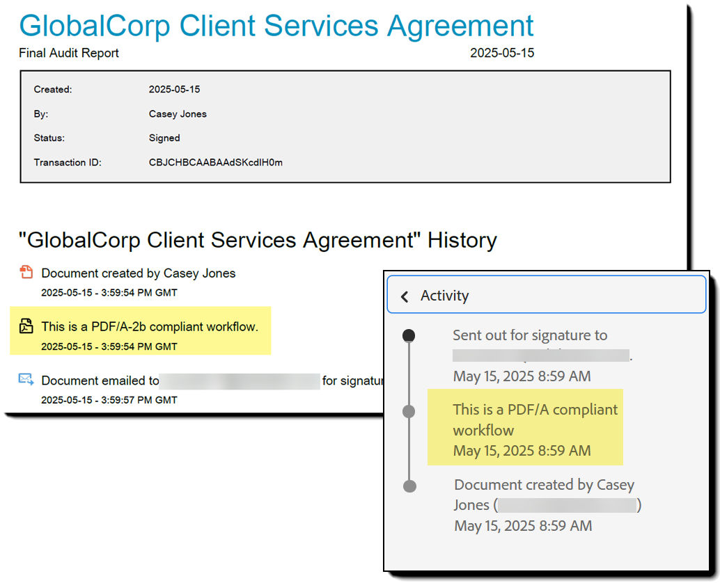 An Audit Report with the PDF-A standard event highlighted