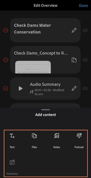 PDF Space Overview showing files in a workspace and an insert menu with options such as text, files, notes, podcasts, and summaries.