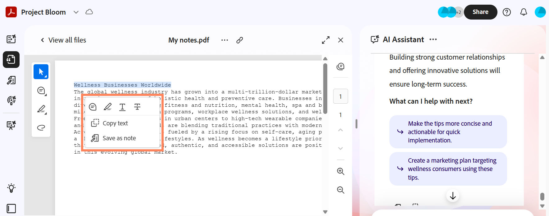 PDF Space showing a document open with selected text and a contextual menu, alongside an AI Assistant panel for generating ideas and responses.