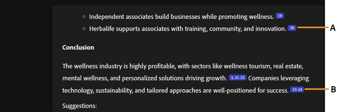 PDF Spaces AI-generated responses shows sections with single and multiple clickable citations.