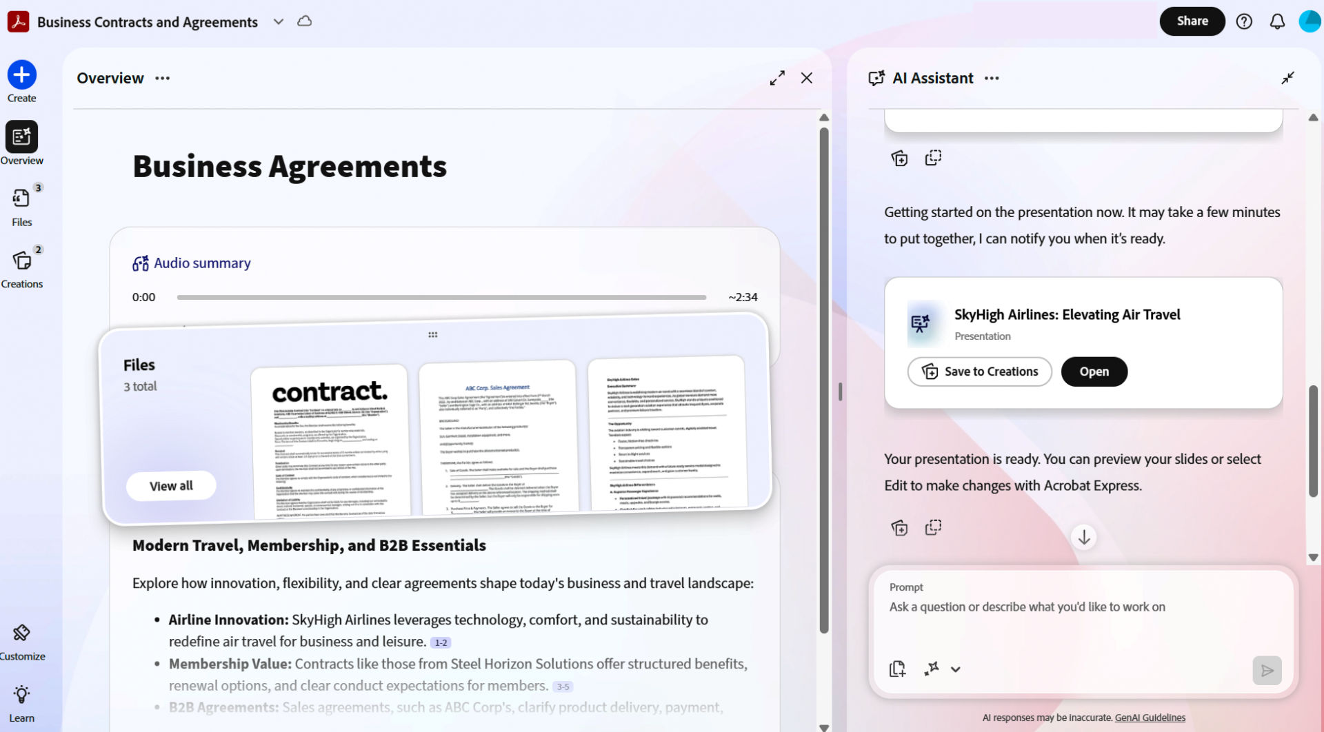 PDF Spaces Overview showing an open document with an audio summary player and an AI Assistant panel that suggests ideas based on the document content.
