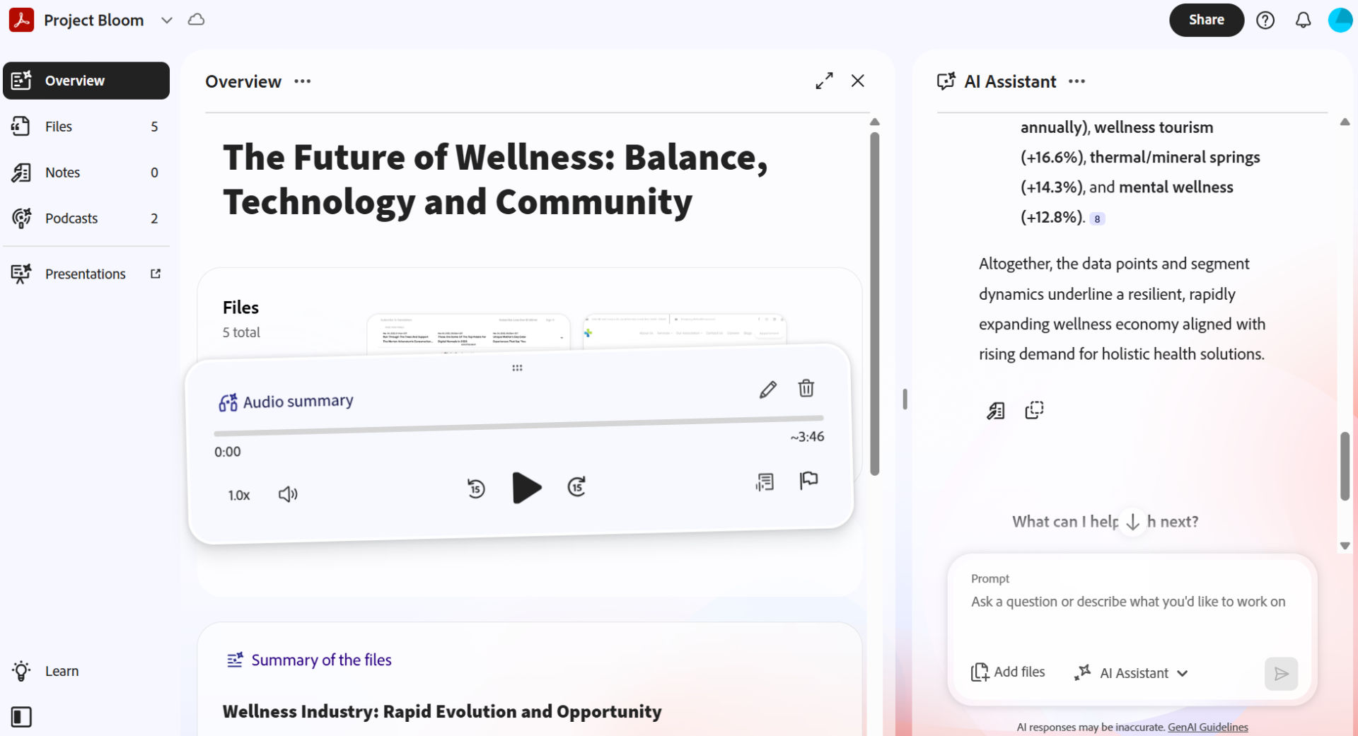 PDF Spaces Overview showing an open document with an audio summary player and an AI Assistant panel that suggests ideas based on the document content.