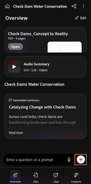 PDF Spaces in Acrobat on mobile showing AI Assistant interactions with voice command options highlighted in orange.
