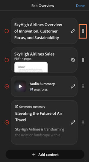 PDF Spaces on mobile Edit Overview page shows items that can be reordered or edited for a customized experience.