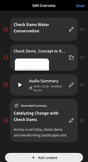 PDF Spaces on mobile Edit Overview page shows items that can be reordered or edited for a customized experience.