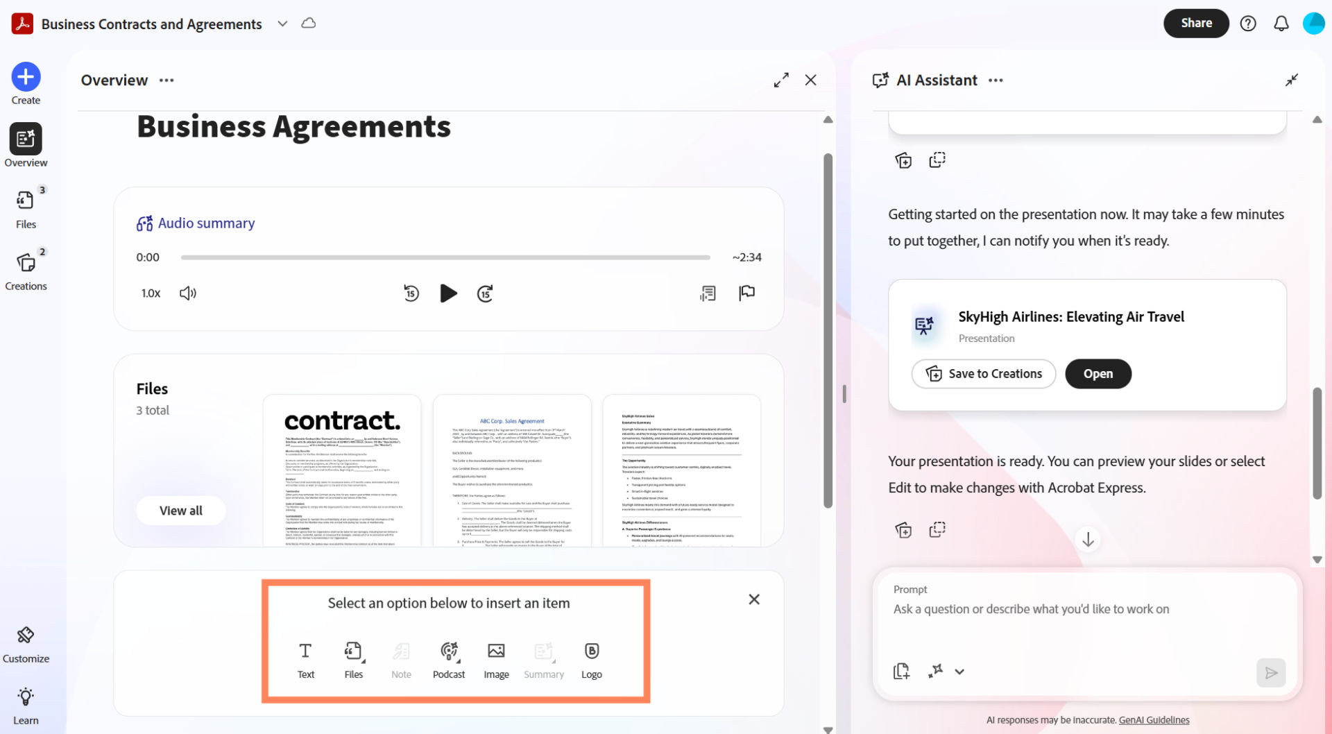 PDF Spaces overview showing files in a workspace and an insert menu with options such as text, files, notes, podcasts, and summaries, alongside an AI Assistant panel.