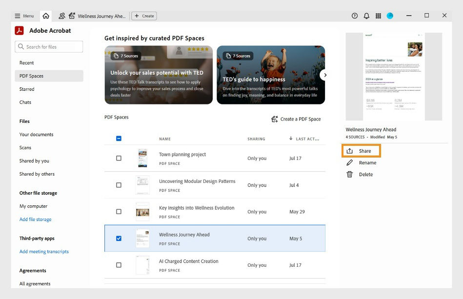PDF Spaces section displaying the curated PDF Spaces tiles and a list of user-created PDF Spaces, where one is selected with Share button highlighted.