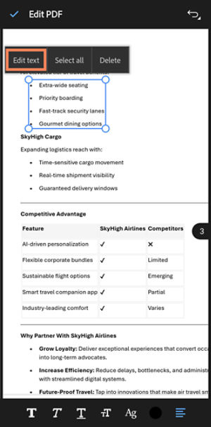 PDF editing mode in Acrobat on Android showing selected text with handles and a context menu offering Edit text, Select all, and Delete options.
