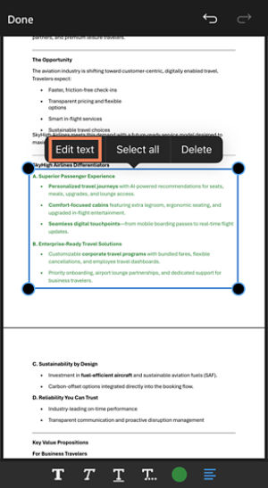 PDF editing mode in Acrobat on iOS showing selected text with handles and a context menu offering Edit text, Select all, and Delete options.