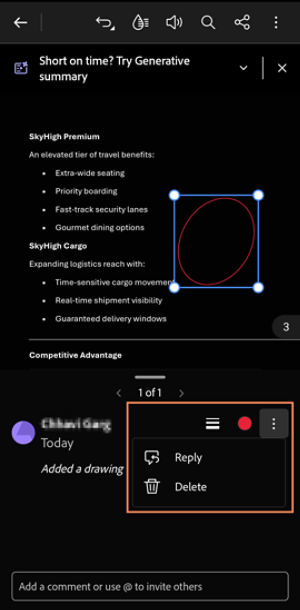 PDF editing screen showing a red freehand drawing selected with handles, along with options to reply or delete the drawing from the context menu.