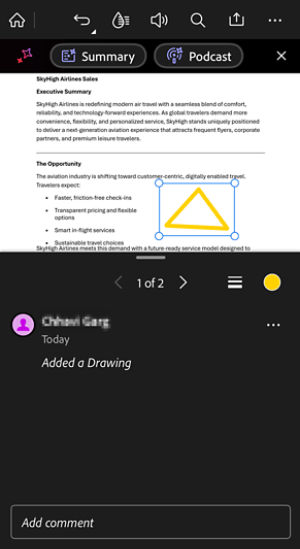 PDF editing screen showing a yellow freehand drawing selected with handles, along with options to reply or delete the drawing from the context menu.