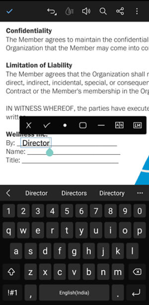 PDF editing view in Acrobat Android showing a form field selected for editing, with text entered (“Director”) and the mobile keyboard displayed.