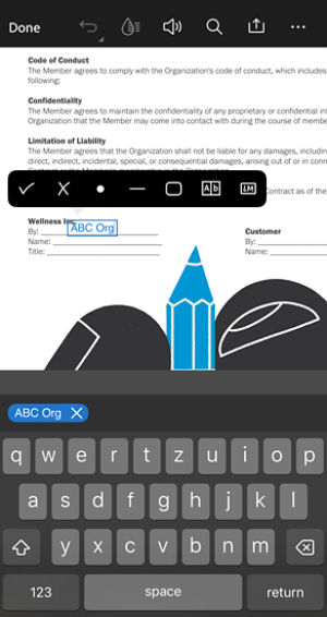 PDF editing view in Acrobat iOS showing a form field selected for editing, with text entered (“ABC Org”) and the mobile keyboard displayed