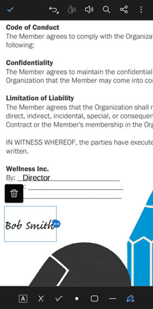 PDF in Acrobat Android showing a placed signature (“Bob Smith”) in a form field, with options to reposition or delete the signature displayed nearby.
