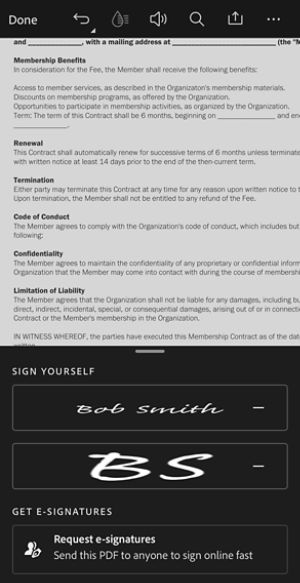 PDF in Acrobat iOS showing the Sign yourself panel with signature and initials options, and a Request e-signatures option below.
