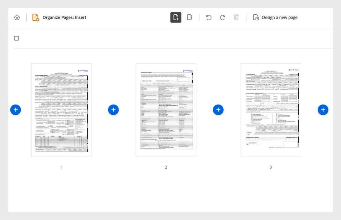 PDF is displayed with pages as thumbnails and plus icons to insert pages.