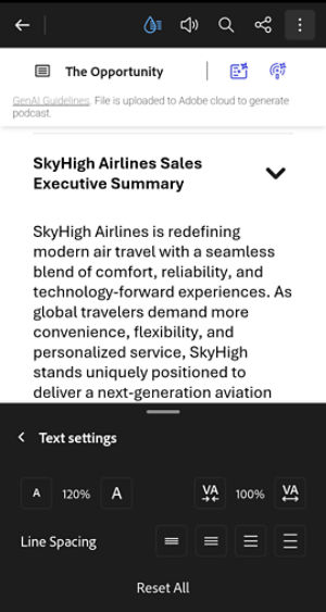 PDF open in Liquid mode in Acrobat Reader mobile, with the Text settings panel visible showing options to adjust text size and line spacing.