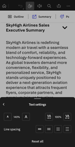 PDF open in Liquid mode in Acrobat Reader mobile, with the Text settings panel visible showing options to adjust text size and line spacing.