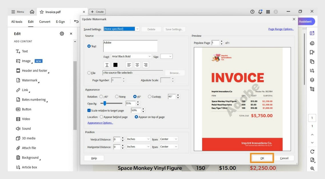 PDF with watermark settings open showing text source, rotation, opacity, and scaling options before confirming changes with OK button.