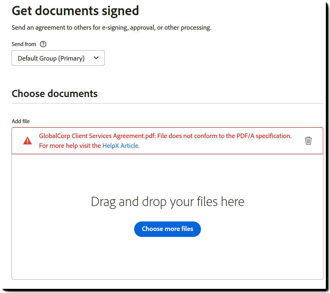 The Request Signature page with an upload error indicating the file isn't compliant with the PDF-A specification.