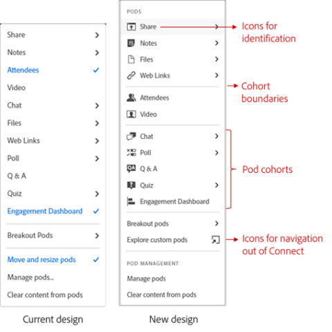 Current vs New look of the PODs menu