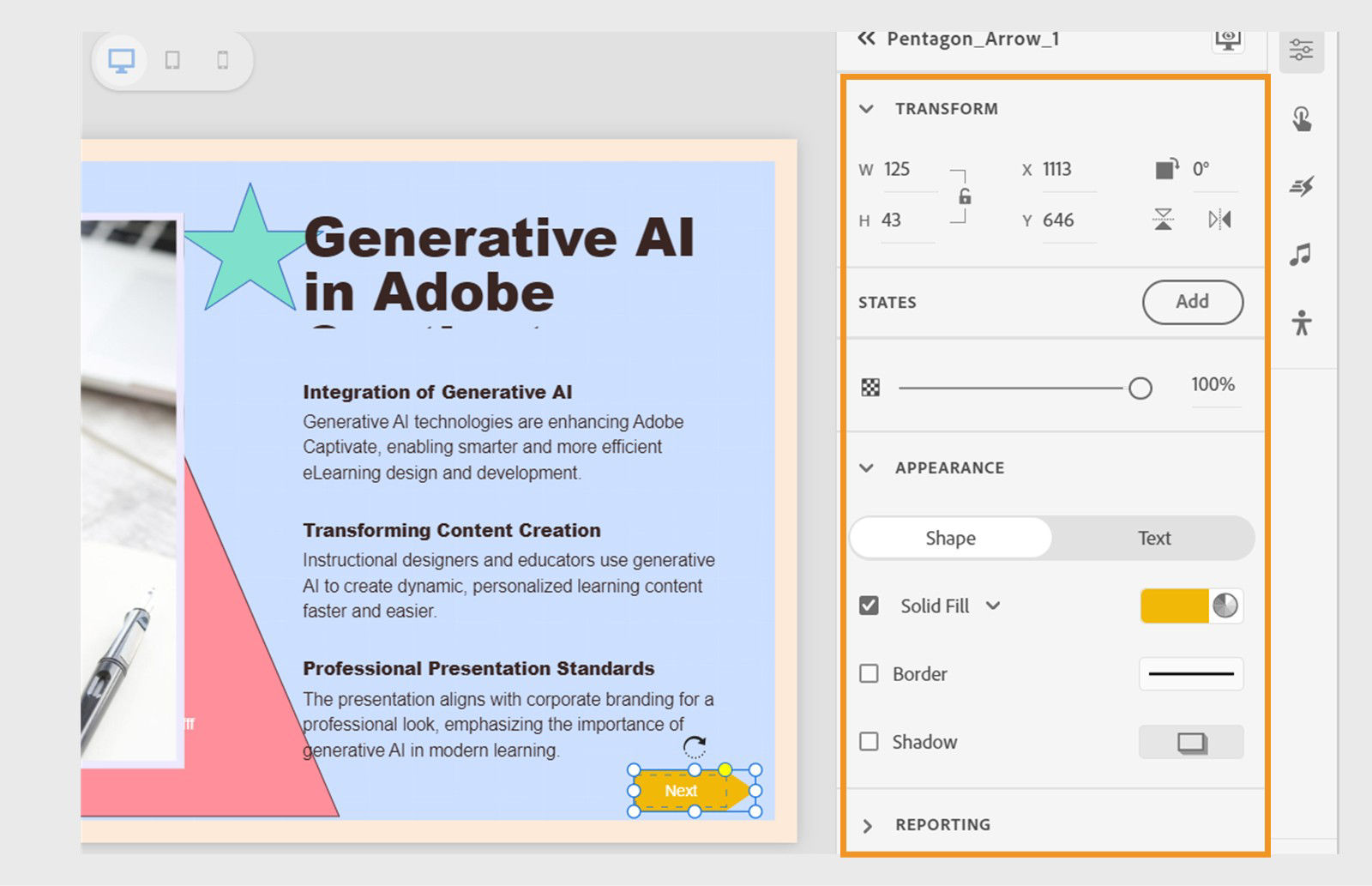 Captivate interface showing the Visual properties panel with customization options for a selected shape.