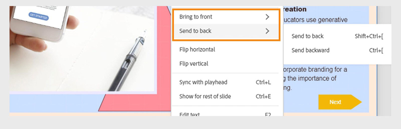 Context menu displaying stacking order options: Bring to front, Bring forward, Send backward, and Send to back