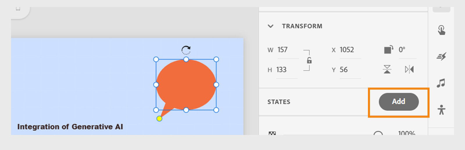 States section in the Visual properties panel showing options to add and manage interactive states for a selected shape.