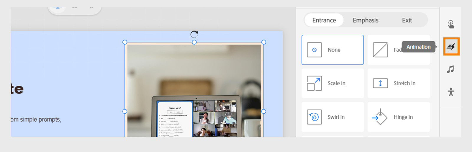 Add animations from the properties panel for an imported object