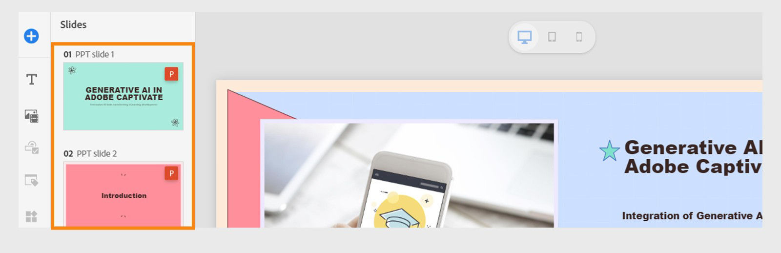  Captivate slide navigator showing slides with PowerPoint icons indicating imported content.