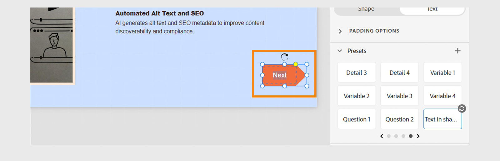 Captivate interface showing the addition of a Pentagon arrow shape and adding text in it to use it as a navigation button