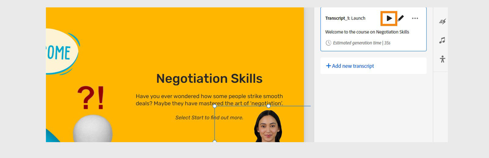 Captivate interface showing the play icon on hovering over the transcript to preview the video on the slide