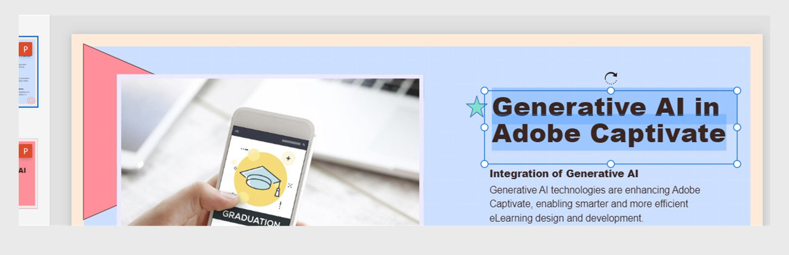 Adobe Captivate interface showing a text box being edited on an imported slide.
