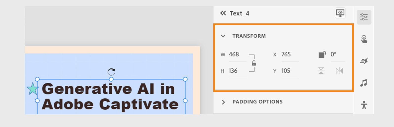Visual properties panel showing text formatting options with transform settings for positioning and resizing text elements.