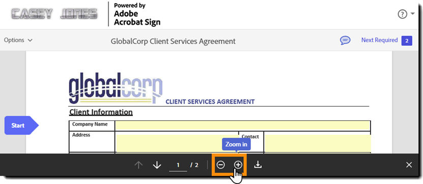 The e-sign page highlighting the page magnification controls at the bottom of the page.