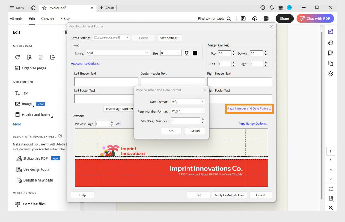 Page Number and Date Format dialog with options to set date format, page number format, and starting page number in a PDF.