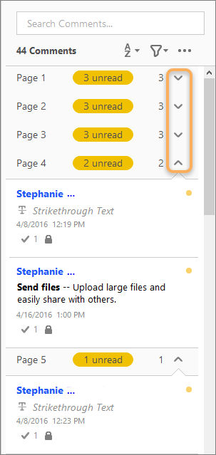 Page-based organization of comments