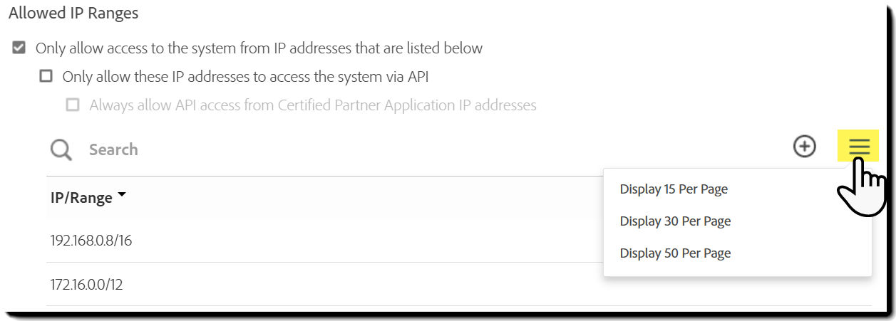 Allow IP Address controls highlighting the exposed two CIDR notations.