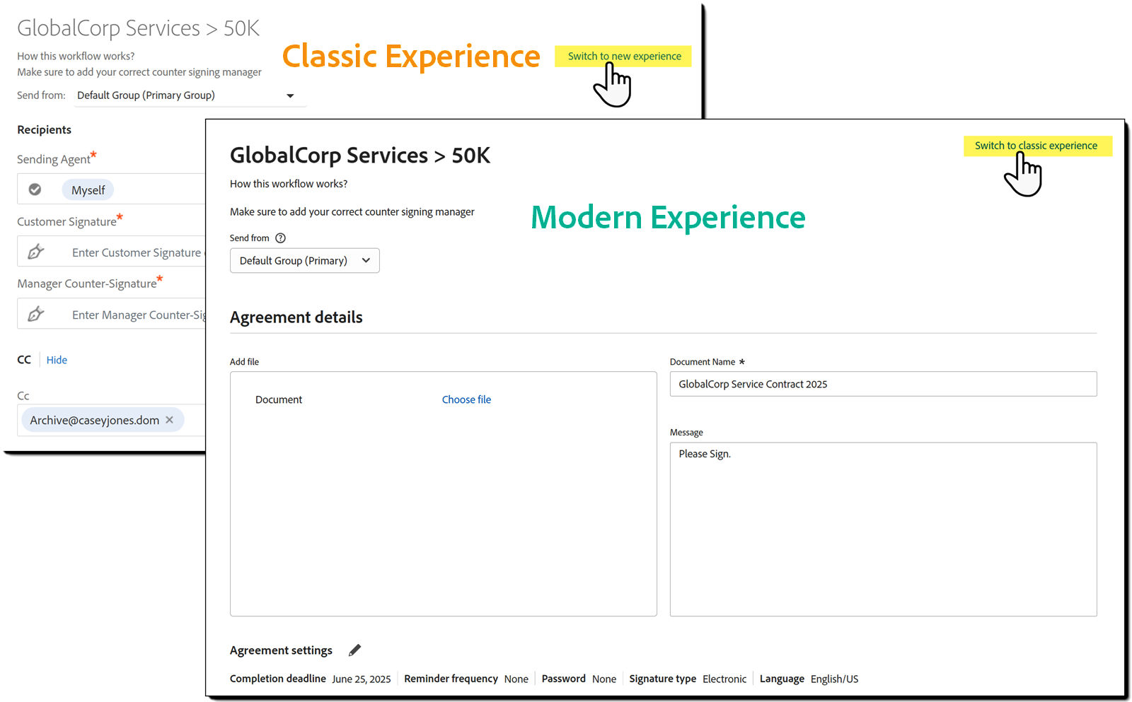 The Classic UI with the Modern UI offset over it and the switch links highlighted