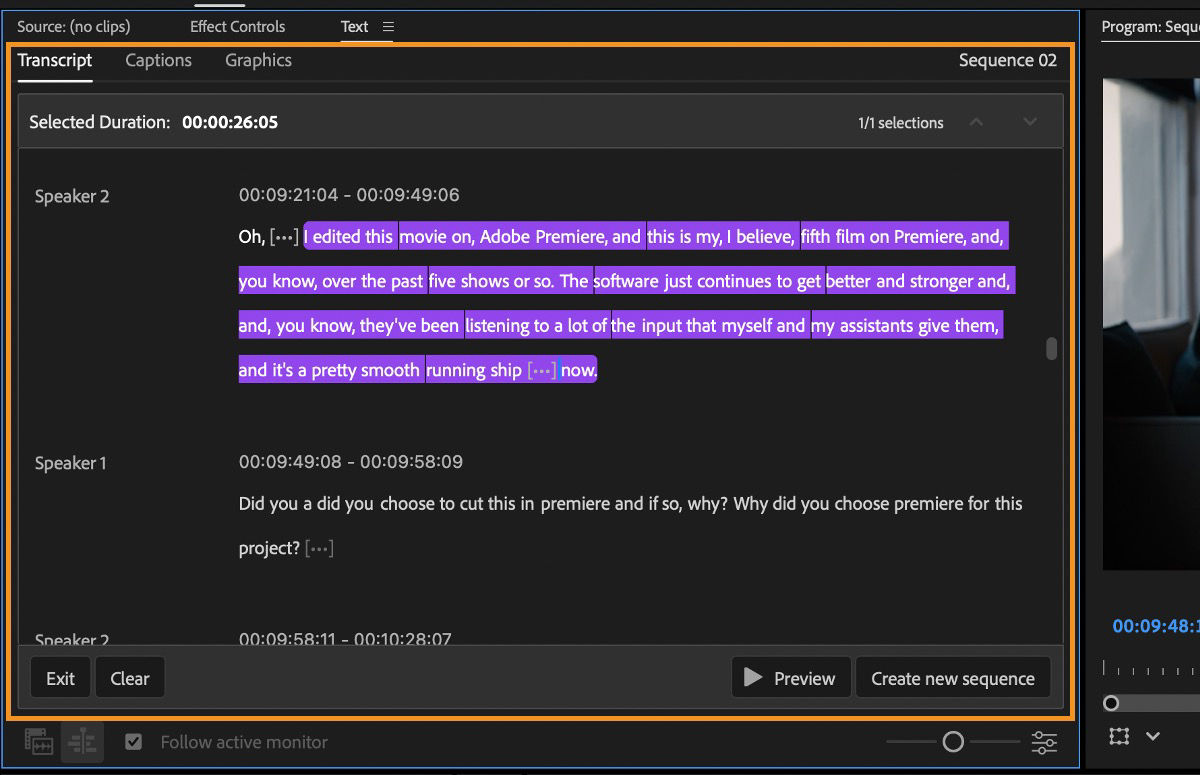 Paper Edit mode in the Text panel shows multiple transcript lines selected in purple. The panel displays the selected duration and selection count, with Exit, Clear, Preview, and Create new sequence buttons at the bottom.