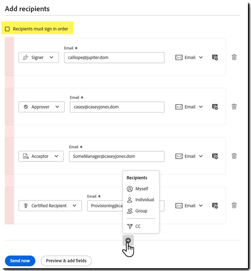 Parallel signature configuration on the Send page with the disabled "Recipients must sign in order" control highlighted